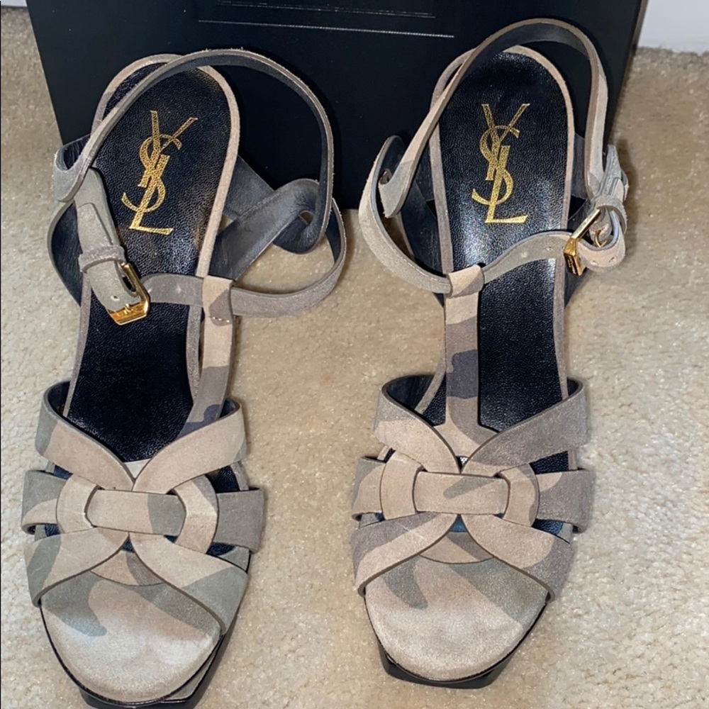 Saint Laurent 38 1/2 Camo Platform Tribute Heels
